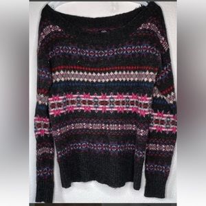 Sz L Jr ? American Eagle Women Sweater Black Fair Isle Wool Blend Long Sleeve